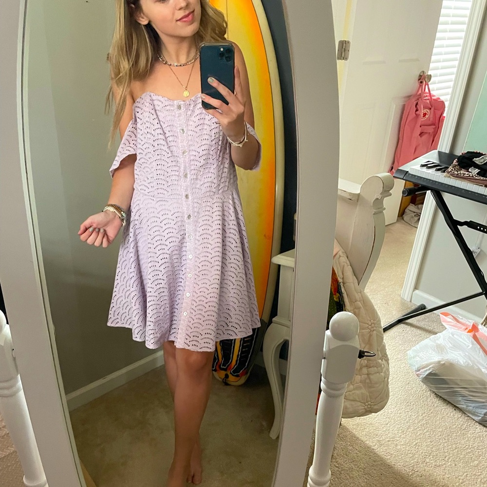 Light purple off the shoulder mini dress.